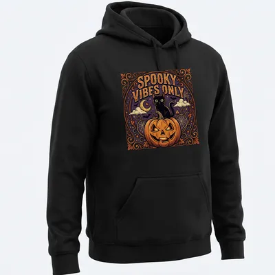 Vintage-style t-shirt featuring a black cat and pumpkin with spooky vibes text. — printed on a unisex hoodie