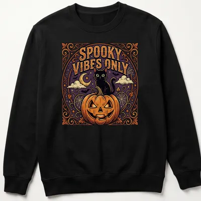 Vintage-style t-shirt featuring a black cat and pumpkin with spooky vibes text. — printed on a unisex sweatshirt