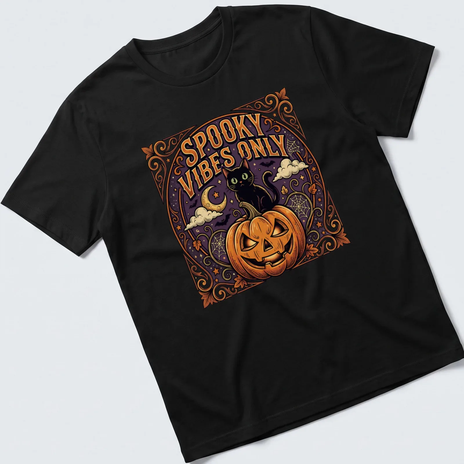 Vintage-style t-shirt featuring a black cat and pumpkin with spooky vibes text. — printed on a unisex t-shirt