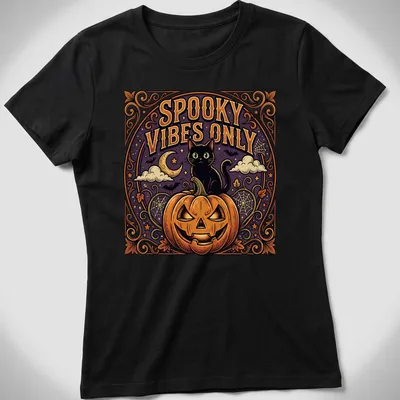 Vintage-style t-shirt featuring a black cat and pumpkin with spooky vibes text. — printed on a women's shirt