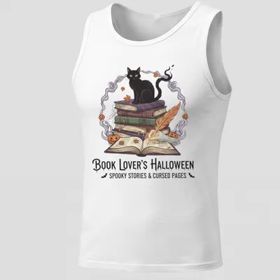 Illustrative design of a black cat with books, featuring Halloween-themed text — printed on a tank top
