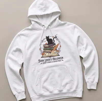 Illustrative design of a black cat with books, featuring Halloween-themed text — printed on a unisex hoodie