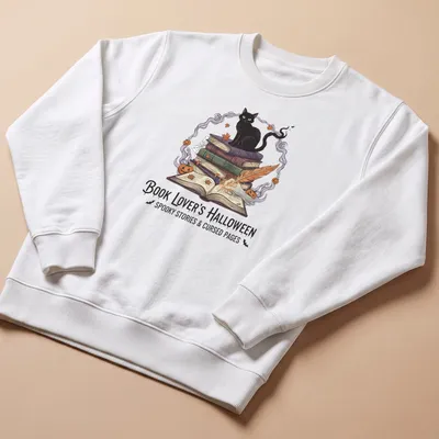 Illustrative design of a black cat with books, featuring Halloween-themed text — printed on a unisex sweatshirt