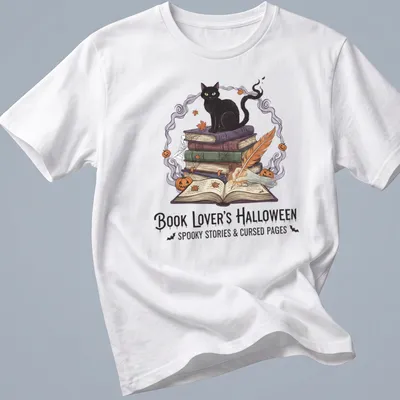 Illustrative design of a black cat with books, featuring Halloween-themed text