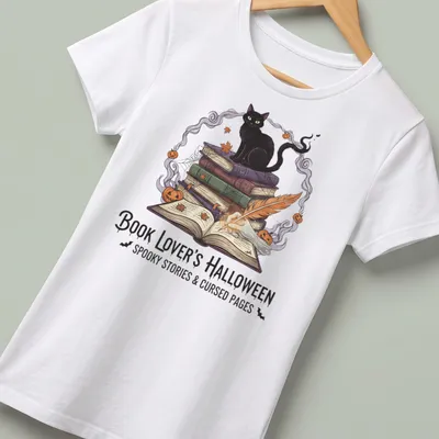 Illustrative design of a black cat with books, featuring Halloween-themed text — printed on a women's shirt