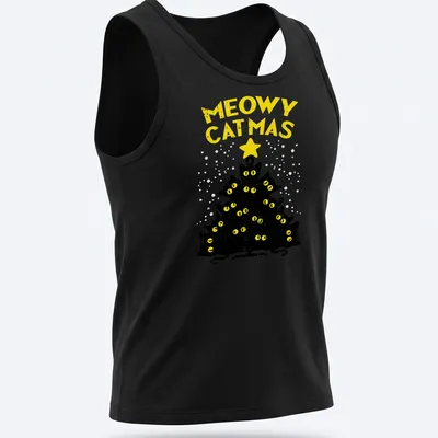 Funny holiday T-shirt featuring black cats around a Christmas tree with text 'Meowy Catmas' — printed on a tank top