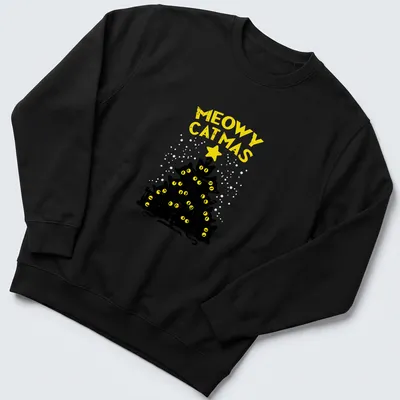 Funny holiday T-shirt featuring black cats around a Christmas tree with text 'Meowy Catmas' — printed on a unisex sweatshirt