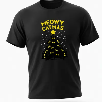 Funny holiday T-shirt featuring black cats around a Christmas tree with text 'Meowy Catmas'