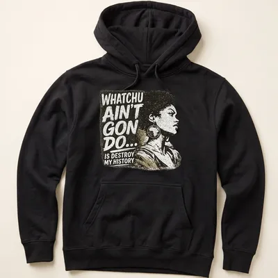Vintage distressed design with a female figure and text about history preservation — printed on a unisex hoodie