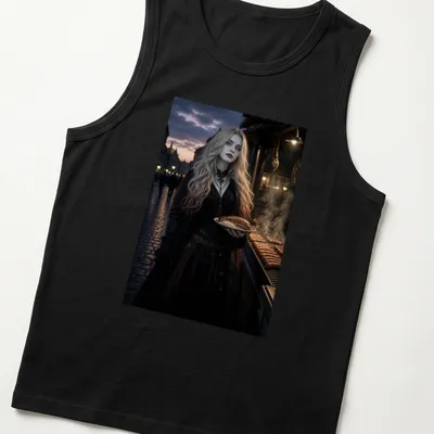 Dark fantasy illustration of a blonde woman holding bratwurst with vibrant colors — printed on a tank top