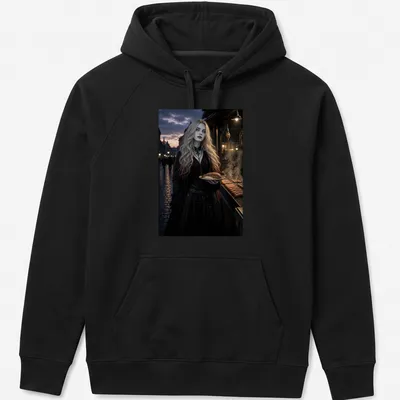 Dark fantasy illustration of a blonde woman holding bratwurst with vibrant colors — printed on a unisex hoodie