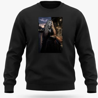 Dark fantasy illustration of a blonde woman holding bratwurst with vibrant colors — printed on a unisex sweatshirt