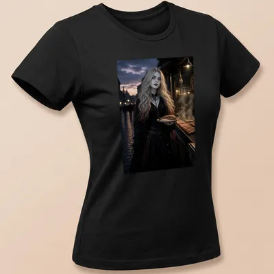 Dark fantasy illustration of a blonde woman holding bratwurst with vibrant colors — printed on a women's shirt