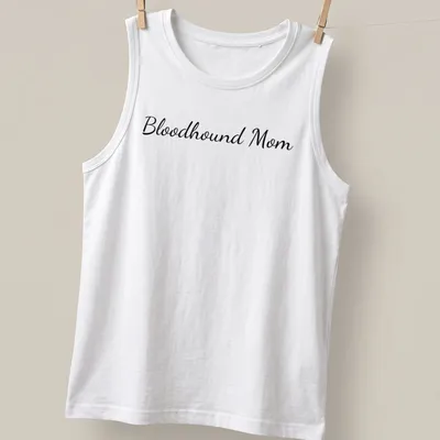 Cursive script Bloodhound Mom t-shirt in black lettering — printed on a tank top
