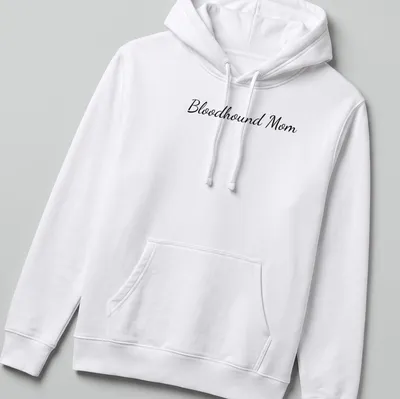 Cursive script Bloodhound Mom t-shirt in black lettering — printed on a unisex hoodie