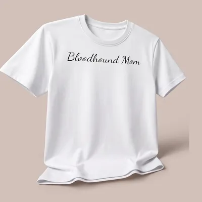 Cursive script Bloodhound Mom t-shirt in black lettering — printed on a unisex t-shirt (angled view)