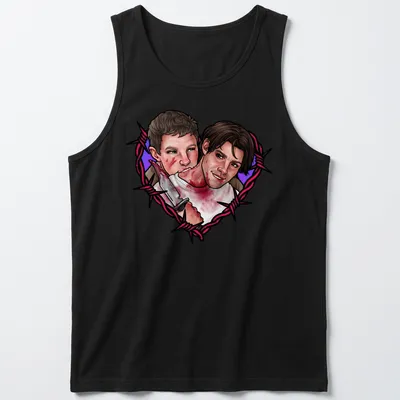 Cartoonish bloody heart with swords and characters under the text Stuilly. — printed on a tank top
