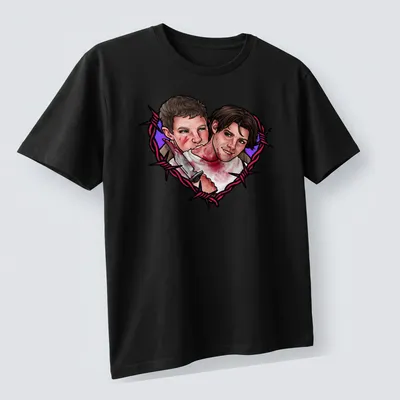 Cartoonish bloody heart with swords and characters under the text Stuilly. — printed on a unisex t-shirt (angled view)