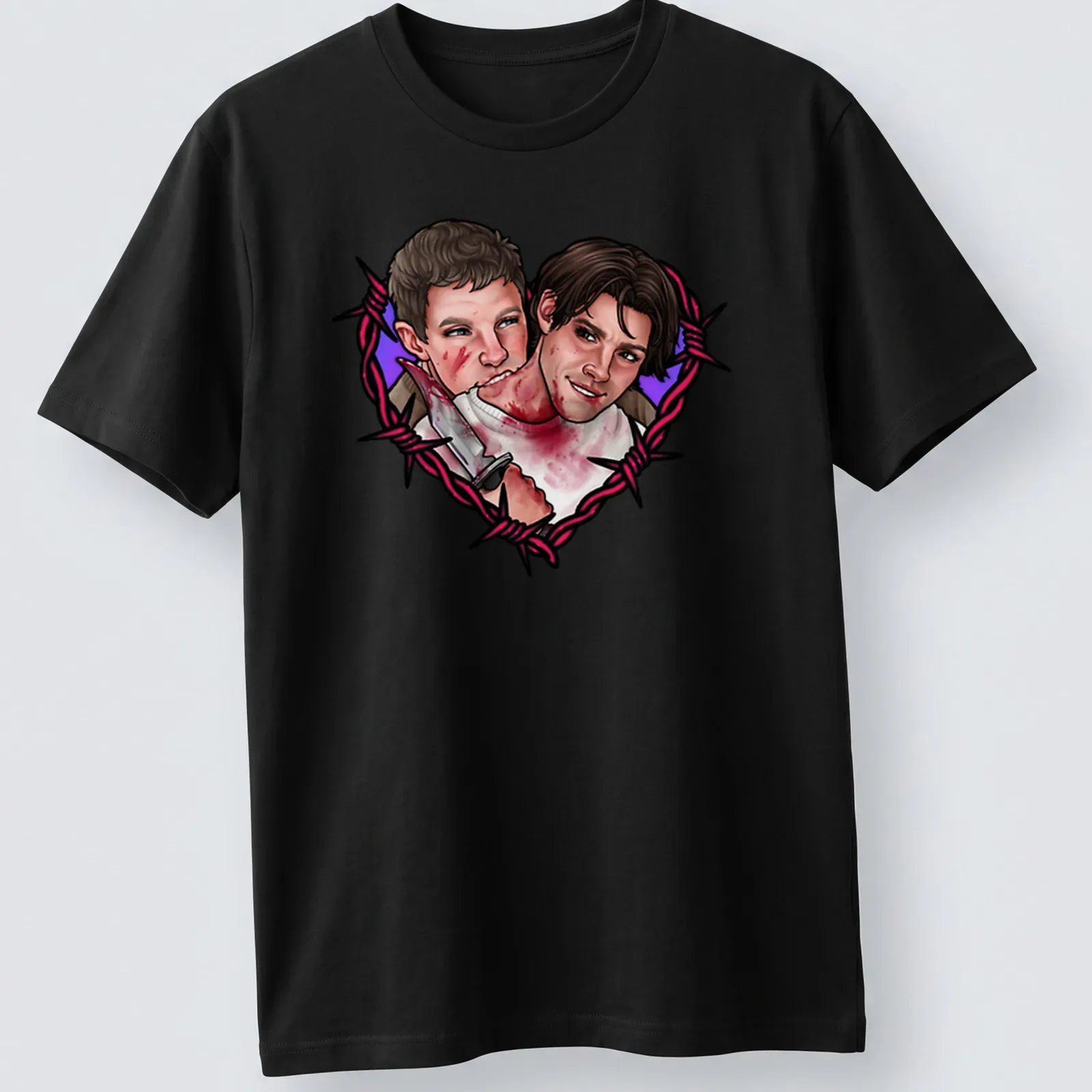 Cartoonish bloody heart with swords and characters under the text Stuilly. — printed on a unisex t-shirt
