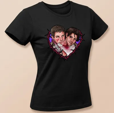 Cartoonish bloody heart with swords and characters under the text Stuilly. — printed on a women's shirt
