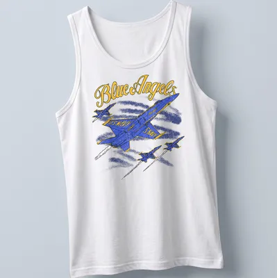 Retro distressed Blue Angels U.S. Navy tee featuring blue jets and bold text — printed on a tank top