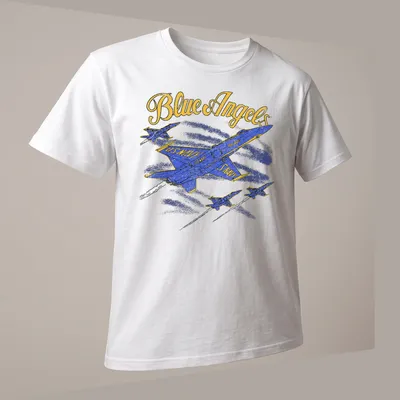 Retro distressed Blue Angels U.S. Navy tee featuring blue jets and bold text — printed on a unisex t-shirt (angled view)
