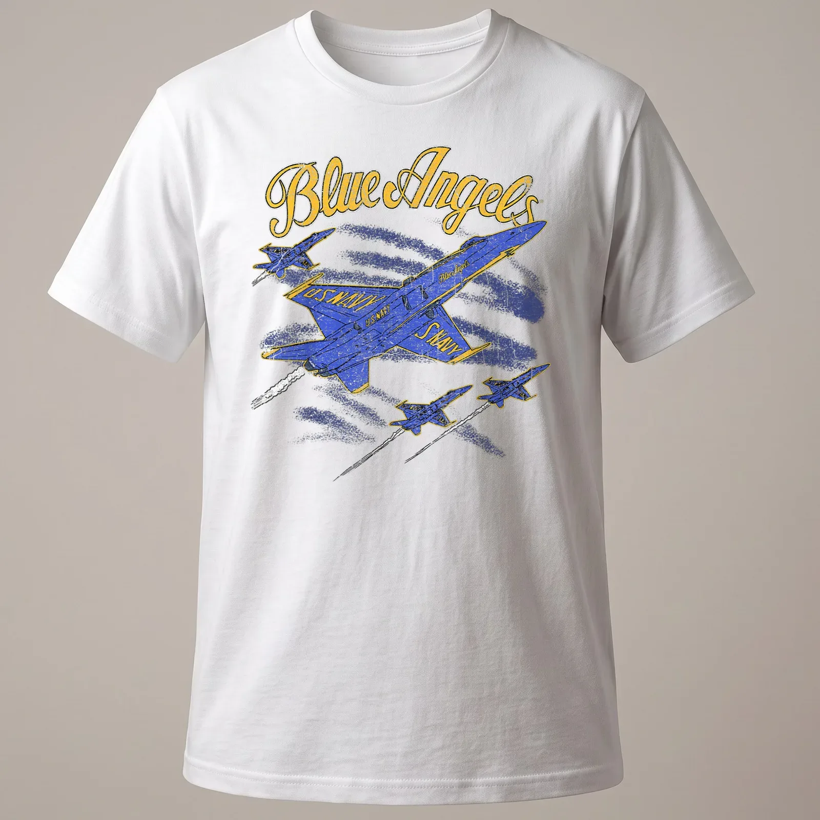 Retro distressed Blue Angels U.S. Navy tee featuring blue jets and bold text — printed on a unisex t-shirt
