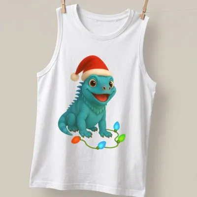 Cartoon blue iguana wearing a Santa hat, surrounded by Christmas lights — printed on a tank top