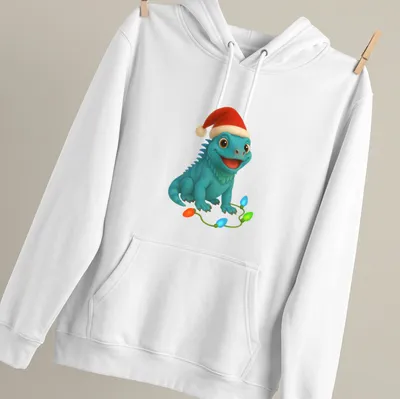 Cartoon blue iguana wearing a Santa hat, surrounded by Christmas lights — printed on a unisex hoodie