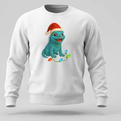 Cartoon blue iguana wearing a Santa hat, surrounded by Christmas lights — printed on a unisex sweatshirt