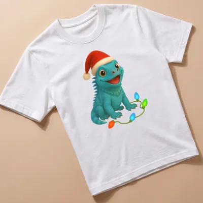 Cartoon blue iguana wearing a Santa hat, surrounded by Christmas lights