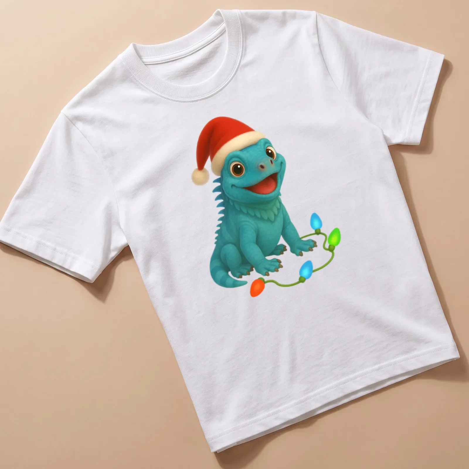 Cartoon blue iguana wearing a Santa hat, surrounded by Christmas lights — printed on a unisex t-shirt