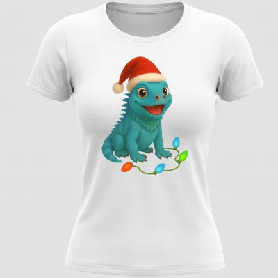 Cartoon blue iguana wearing a Santa hat, surrounded by Christmas lights — printed on a women's shirt
