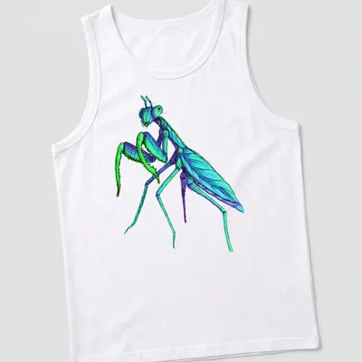 Intricate sketch of a blue mantis on a t-shirt in blue, green, and purple — printed on a tank top