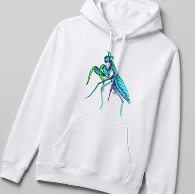 Intricate sketch of a blue mantis on a t-shirt in blue, green, and purple — printed on a unisex hoodie