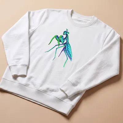 Intricate sketch of a blue mantis on a t-shirt in blue, green, and purple — printed on a unisex sweatshirt
