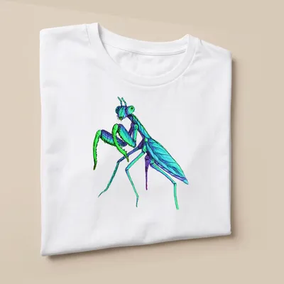 Intricate sketch of a blue mantis on a t-shirt in blue, green, and purple — printed on a unisex t-shirt (angled view)