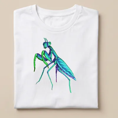 Intricate sketch of a blue mantis on a t-shirt in blue, green, and purple