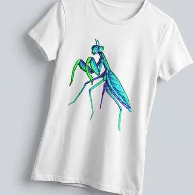 Intricate sketch of a blue mantis on a t-shirt in blue, green, and purple — printed on a women's shirt