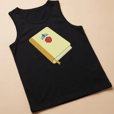 Illustration of an open book with a rose and crown design in bright colors — printed on a tank top