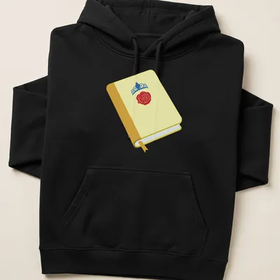Illustration of an open book with a rose and crown design in bright colors — printed on a unisex hoodie
