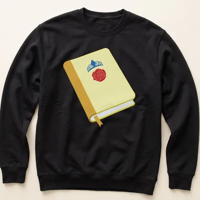Illustration of an open book with a rose and crown design in bright colors — printed on a unisex sweatshirt