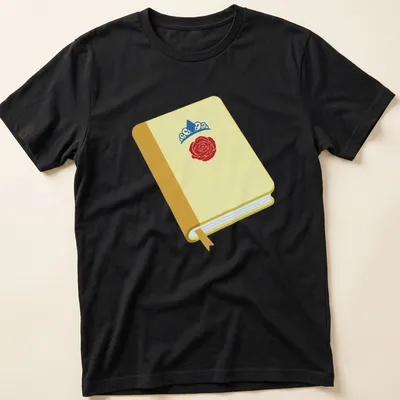 Illustration of an open book with a rose and crown design in bright colors
