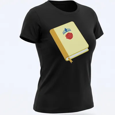 Illustration of an open book with a rose and crown design in bright colors — printed on a women's shirt