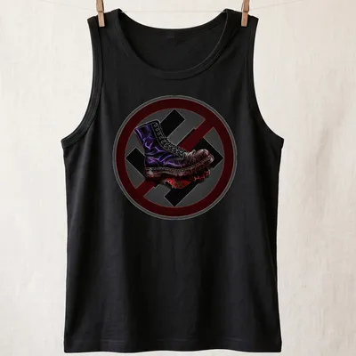 Bold illustration of a military boot in black with red, purple, and gray accents — printed on a tank top