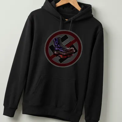 Bold illustration of a military boot in black with red, purple, and gray accents — printed on a unisex hoodie