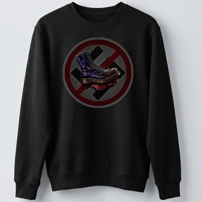 Bold illustration of a military boot in black with red, purple, and gray accents — printed on a unisex sweatshirt
