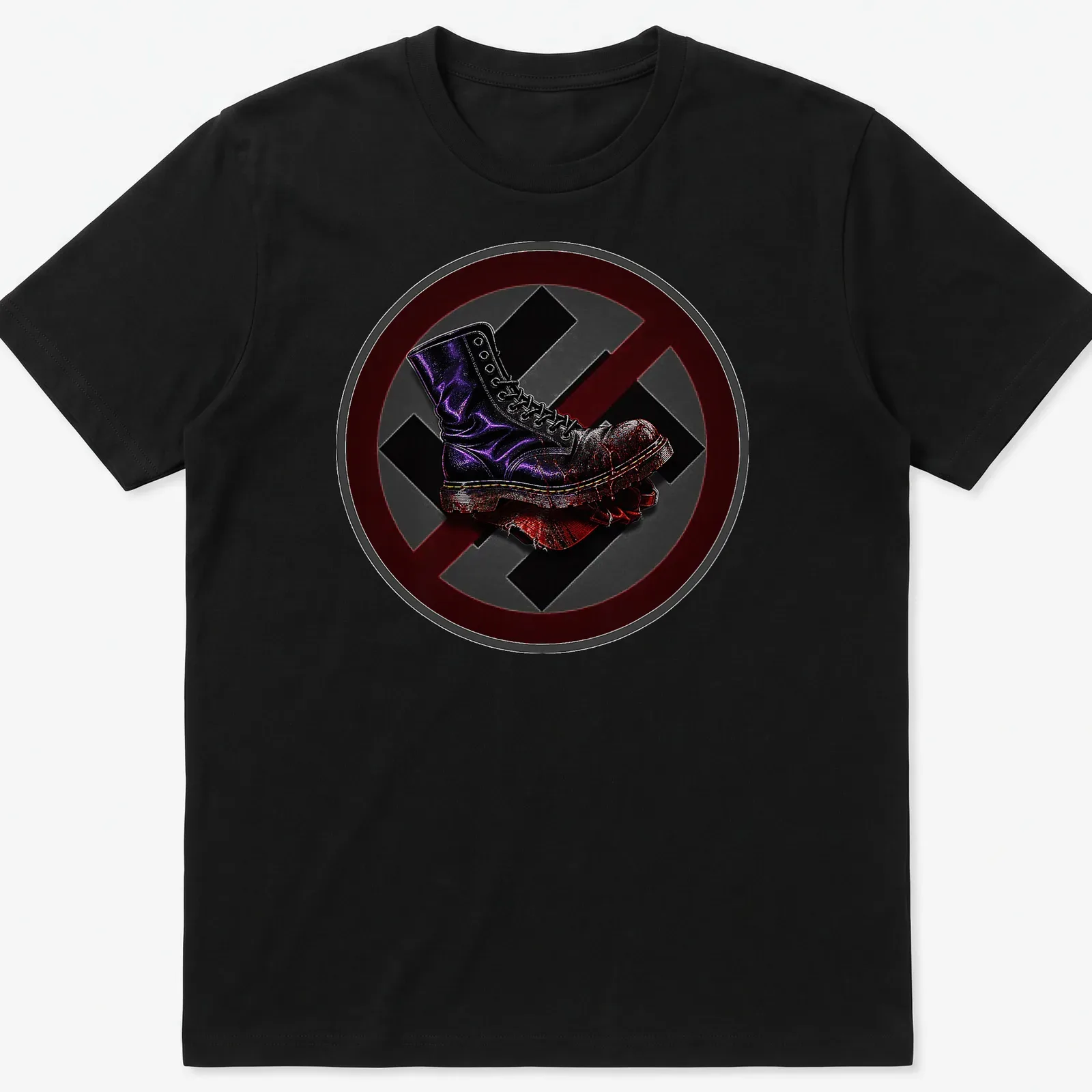 Bold illustration of a military boot in black with red, purple, and gray accents — printed on a unisex t-shirt