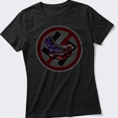 Bold illustration of a military boot in black with red, purple, and gray accents — printed on a women's shirt