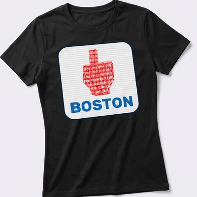 Graphic illustration of the Boston Citgo sign with a middle finger gesture — printed on a women's shirt